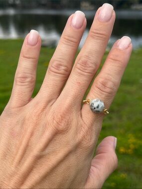Gold Beaded Ring with Gray Speckled Stone
